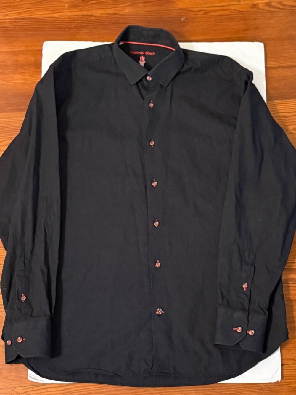 Visconti Black Shirt Men's Large Solid Black COTTON Long Sleeve Shirt Button dow